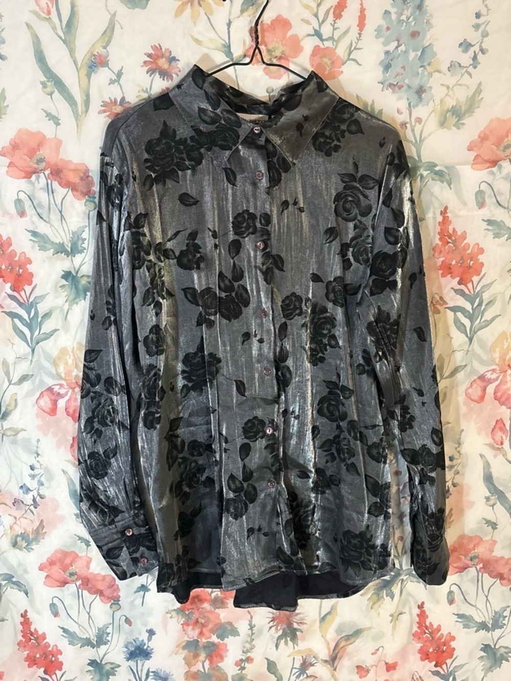 Vintage Sheer Metallic Gray Floral Button-Up Blouse